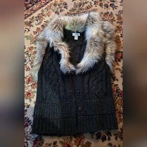 LOFT Charcoal Cable Knit Cardigan with Faux Fur Collar